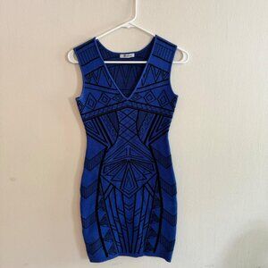 NWOT Women's Small XTAREN Boutique Royal Blue Black Geometric Bodycon Midi Dress